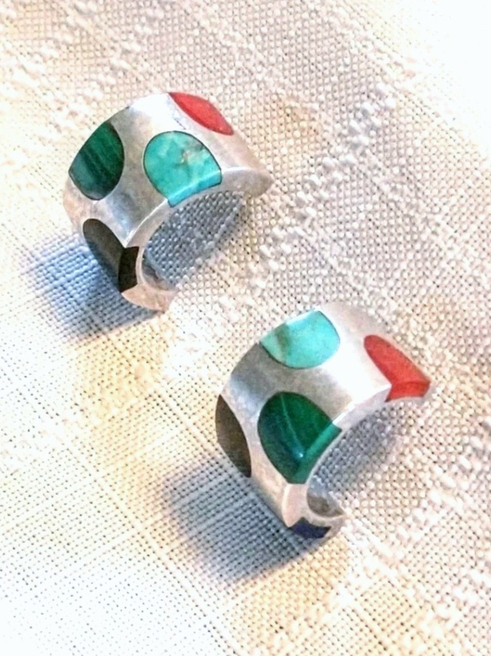 Modernist Hoop Earrings Multi Gemstone Sterling Silver 1/2"